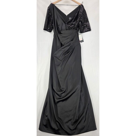 Adrianna Papell Formal Gown Maxi Dress Black Satin Sequin Long NWT Glam 16W - Picture 1 of 16